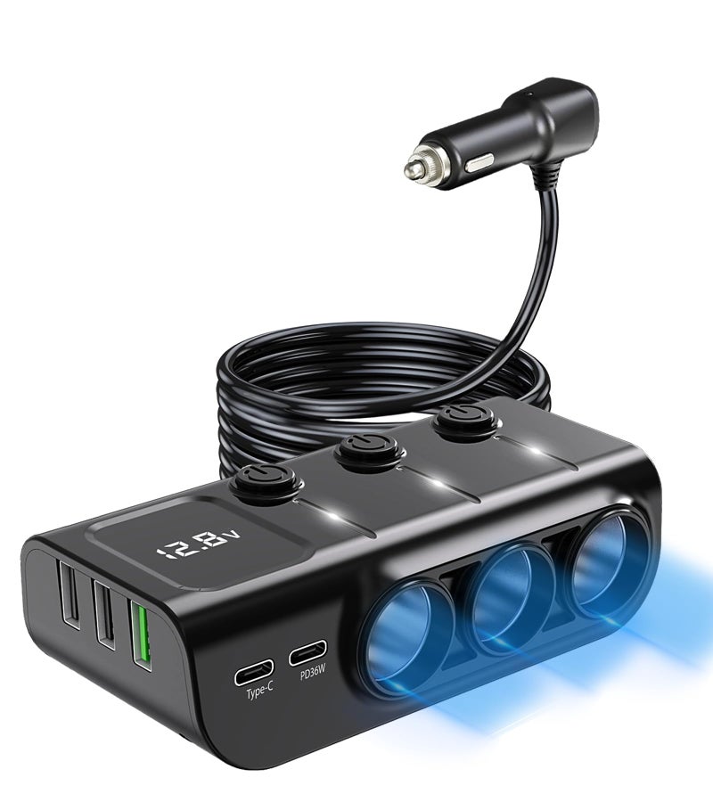 LIHAN 8 in 1 Cigarette Lighter Splitter, LIHAN 3 Socket Car Charger Adapter, Type-C QC3.0 PD36W Dual USB Charger Port, Car 12V/24V Plug Outlet with Independent Switches, LED Voltmeter(3.3FT Cable) - Image 1