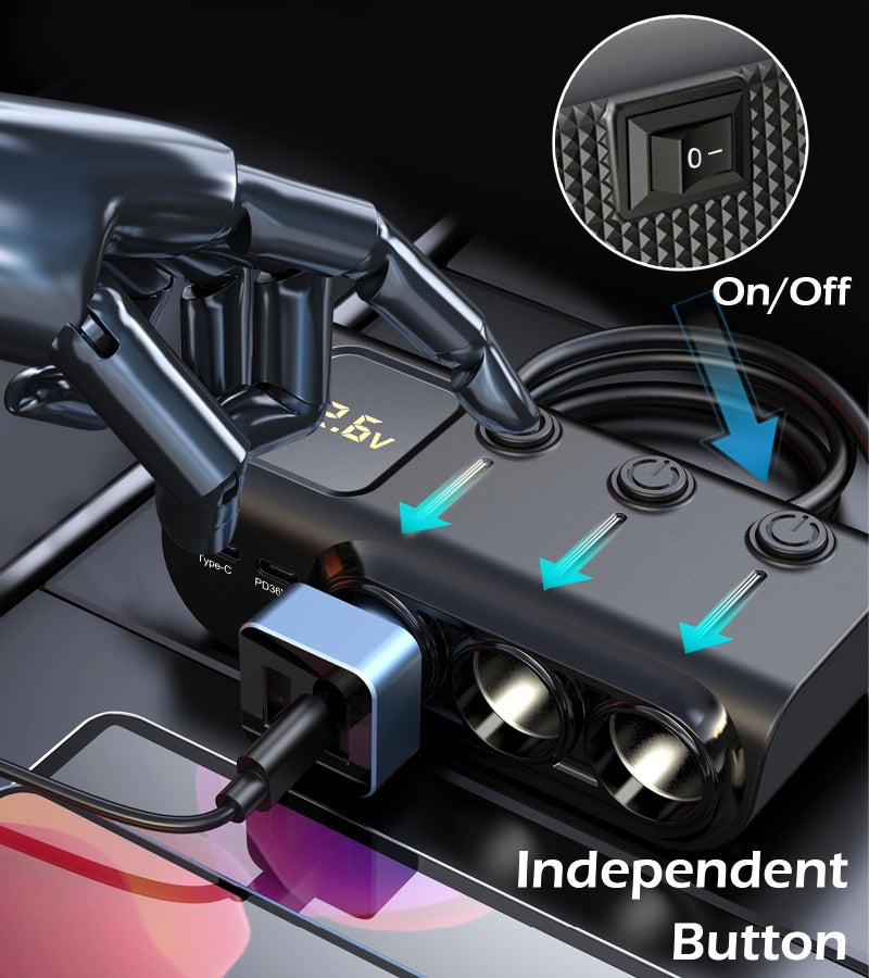 LIHAN 8 in 1 Cigarette Lighter Splitter, LIHAN 3 Socket Car Charger Adapter, Type-C QC3.0 PD36W Dual USB Charger Port, Car 12V/24V Plug Outlet with Independent Switches, LED Voltmeter(3.3FT Cable) - Image 4