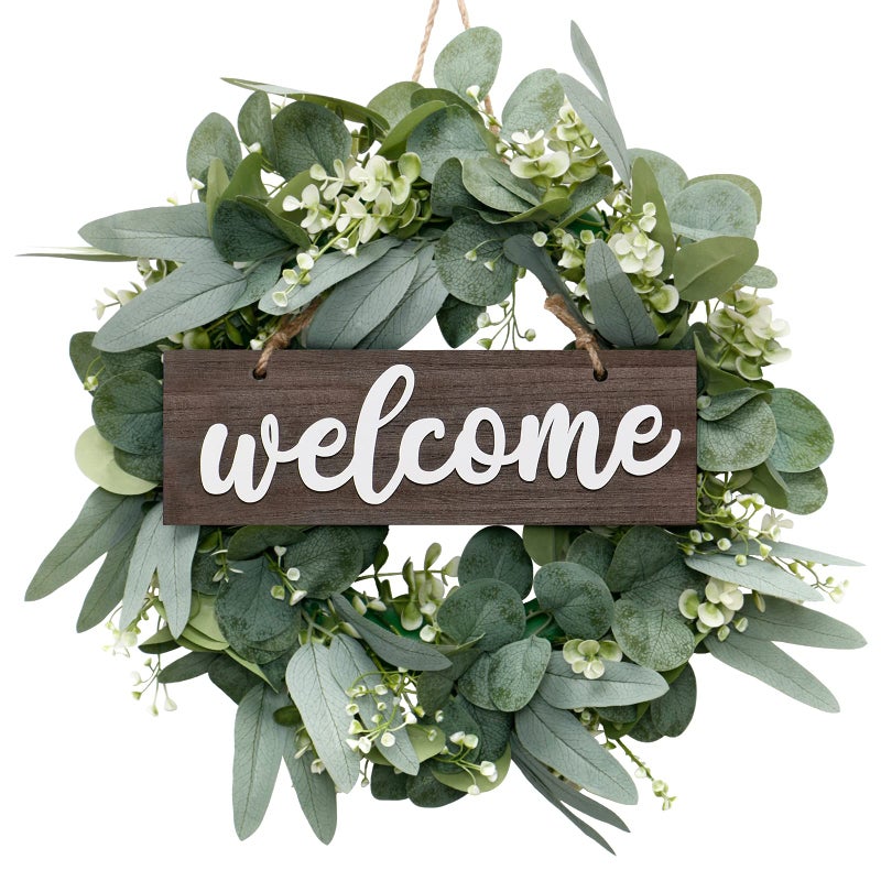 LOMOHOO Eucalyptus Leaves Wreath for Front Door18inches Farmhouse Wreath with Welcome Sign Festival Ornaments Home Decor Spring Summer Decorating for Home Window Outdoor Use