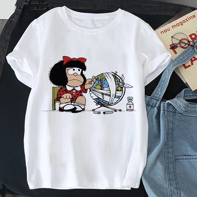 [Hair on the Day] Cross-border T-shirt Mafada Top Short Sleeve Printed Round Neck T-shirt Ladies Fashion PAZ Mafald - Image 1