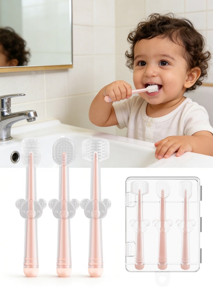 BBMORE 3 Pack Baby Tongue Cleaner + U-Shaped ToothScrubber + First Toothbrush Teething, Silicone Newborn Infant Toddler Toothbrushes Set 0 to 18 Months, Baby Tongue Cleaner and Toothbrush, Gum Oral Cleaner - Image 1