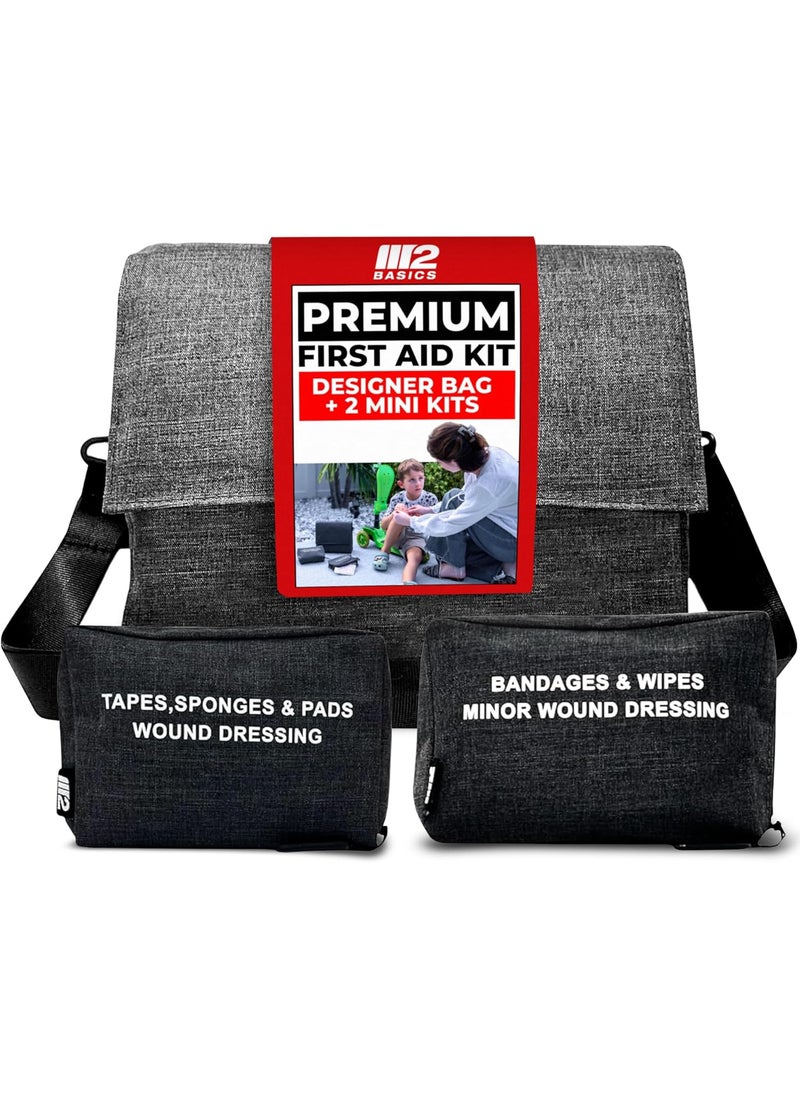 M2 BASICS M2 BASICS Premium First Aid Kit (Includes 2 Mini Kits + Stylish Bag) Executive Gray | First Aid Kit Car, Camping Essentials, FSA Eligible Items Only List, Car Accessories, Hiking Gear, Dorm Essentials 