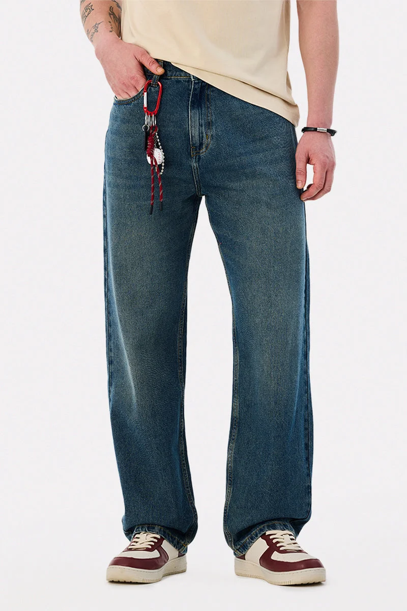 SNITCH Blue Solid Loose Fit Casual Jeans