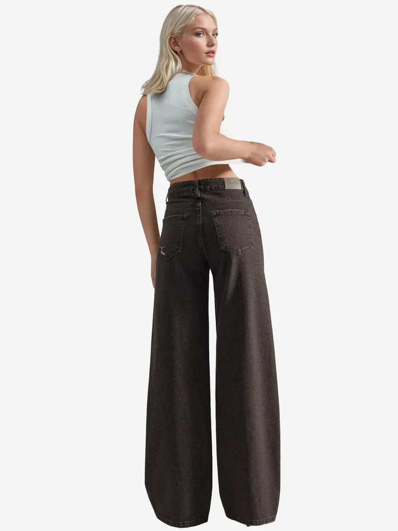 Hiccup Dark Mocha Brown 90's High Waist Wide Leg Denim Jeans for Women | Best Price UAE