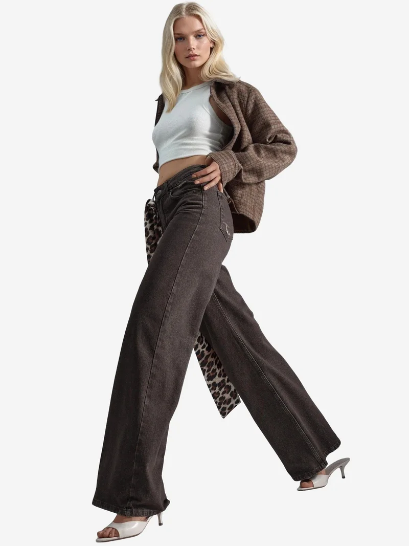 Hiccup Dark Mocha Brown 90's High Waist Wide Leg Denim Jeans for Women | Best Price UAE