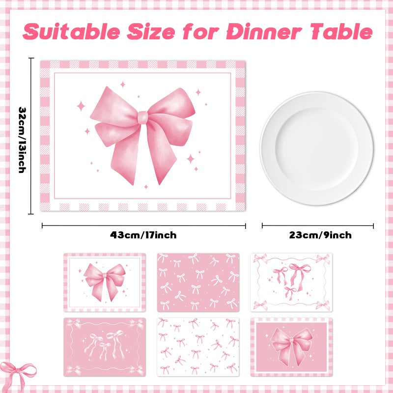 OBUSATT Pink Bow Plastic Placemats Set of 6 Cute Coquette Butterfly Bowknot Dinner Table Mats Pink Ribbon Bow Place Mats Wedding Baby Shower Birthday Table Decoration for Indoor Outdoor Party Kitchen Dining - Image 2