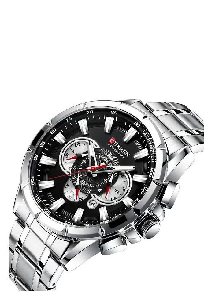 CURREN 8363 Men's Stainless Steel Band Quartz Watch with Three Sub-Dials Date Display Blue Case Waterproof Bracelet Silver Sport-48mm - Image 1