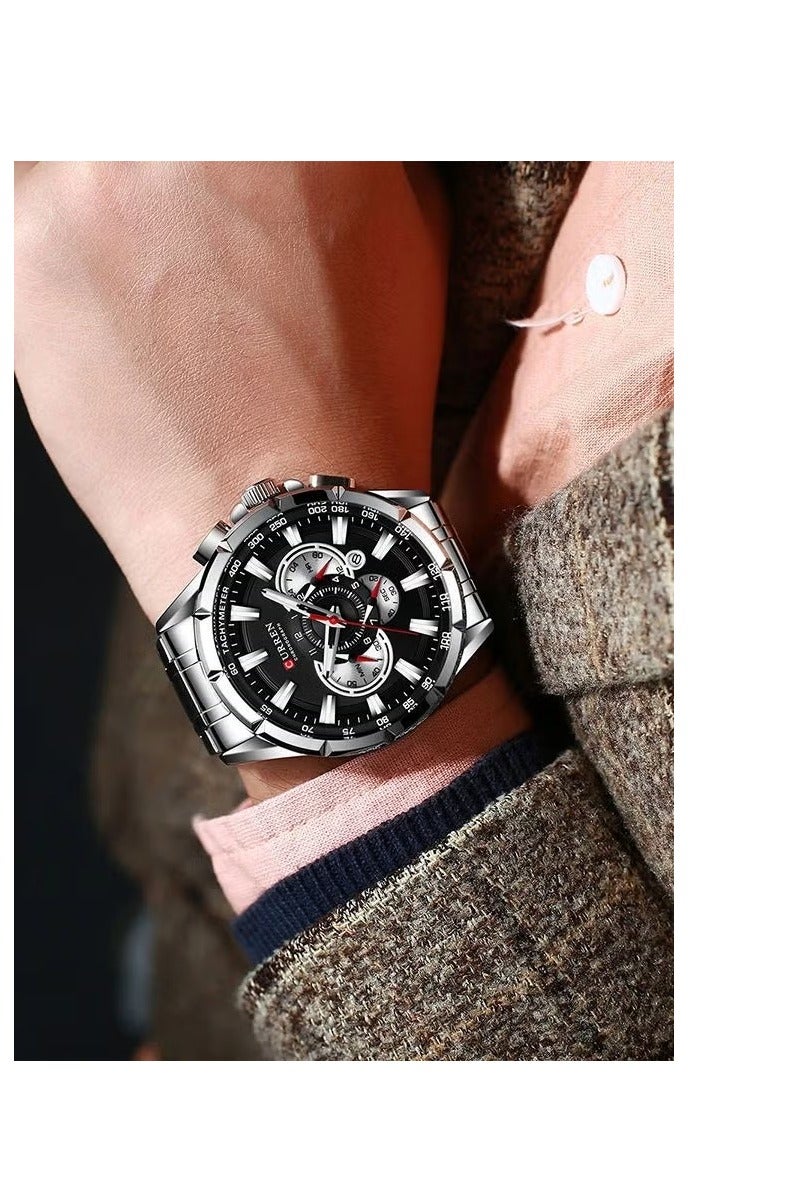 CURREN 8363 Men's Stainless Steel Band Quartz Watch with Three Sub-Dials Date Display Blue Case Waterproof Bracelet Silver Sport-48mm - Image 2