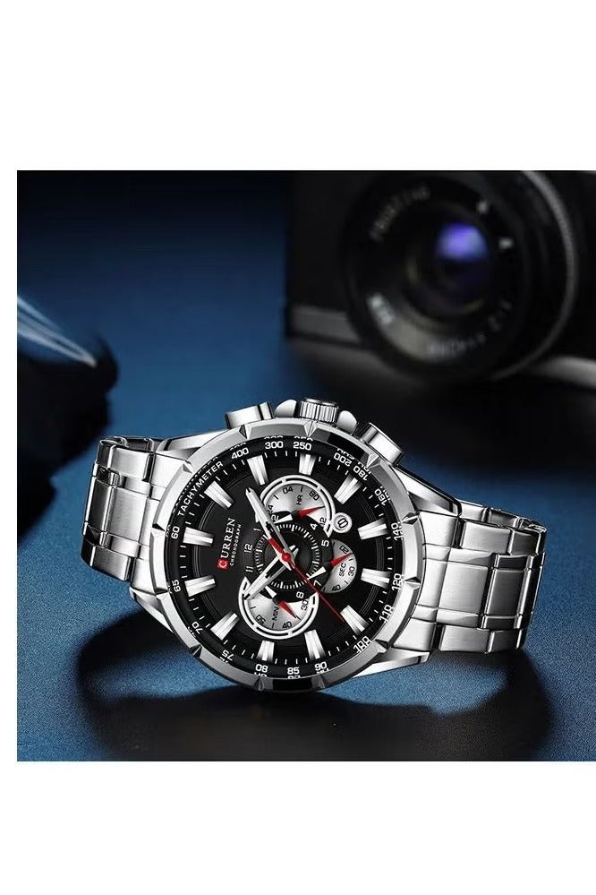 CURREN 8363 Men's Stainless Steel Band Quartz Watch with Three Sub-Dials Date Display Blue Case Waterproof Bracelet Silver Sport-48mm - Image 3