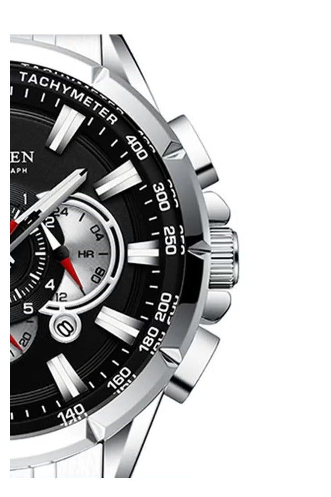 CURREN 8363 Men's Stainless Steel Band Quartz Watch with Three Sub-Dials Date Display Blue Case Waterproof Bracelet Silver Sport-48mm - Image 4