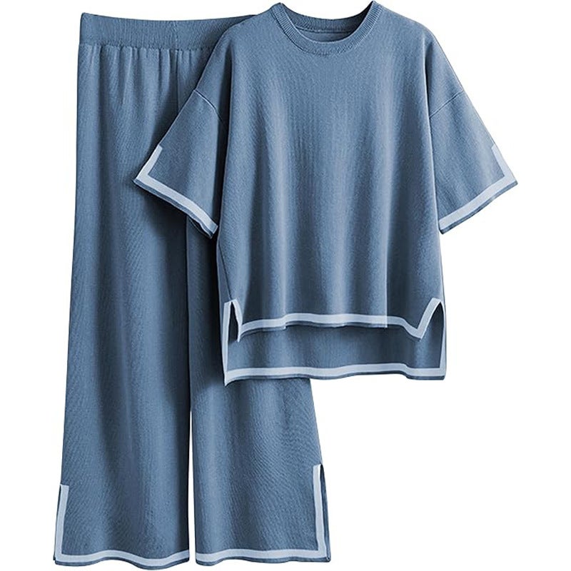 Women's Fashion Two-Piece Set: Color-Block Short Sleeve Top & High-Waist Wide-Leg Pants - Image 3