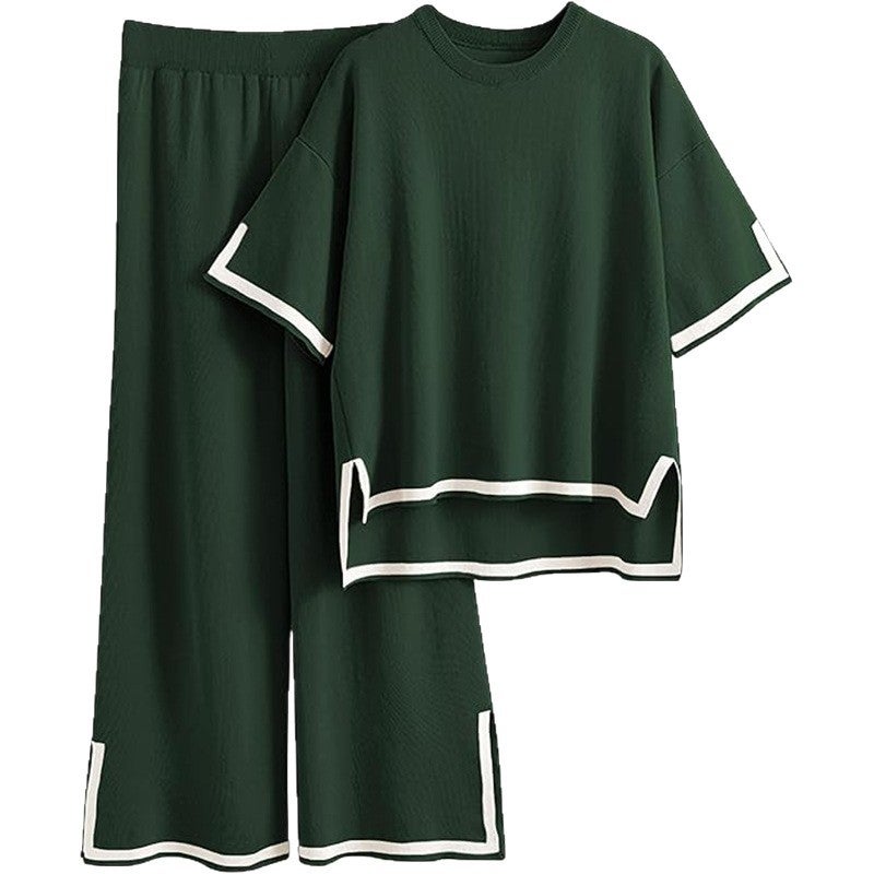 Women's Fashion Two-Piece Set: Color-Block Short Sleeve Top & High-Waist Wide-Leg Pants - Image 5