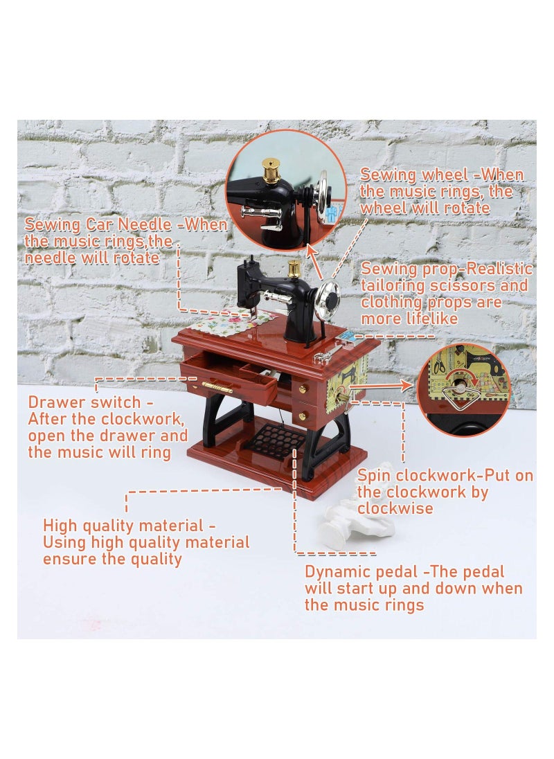 Sewing Machine Music Box, Vintage Hand Cranked Mechanism Mini Musical Retro Classical Table Desk Decoration Brown - Image 3