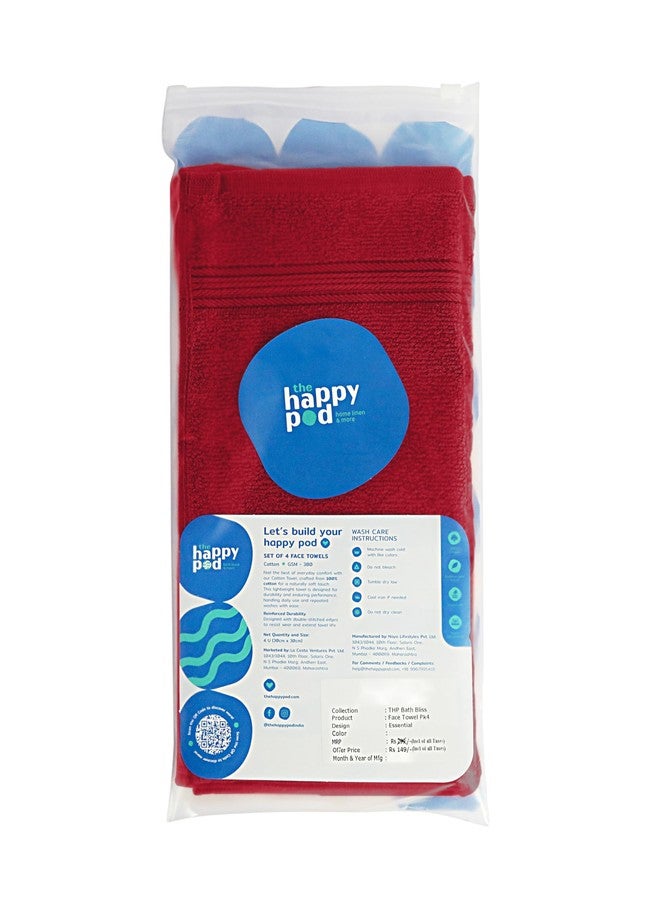 THE HAPPY POD Essential 100% Cotton Face Towel - Pack of 4, Soft & Absorbent, Quick Dry, Lightweight Towels for Face, Gym, Travel & Everyday Use| 30 x 30 cm - 380 GSM | Red - Image 3