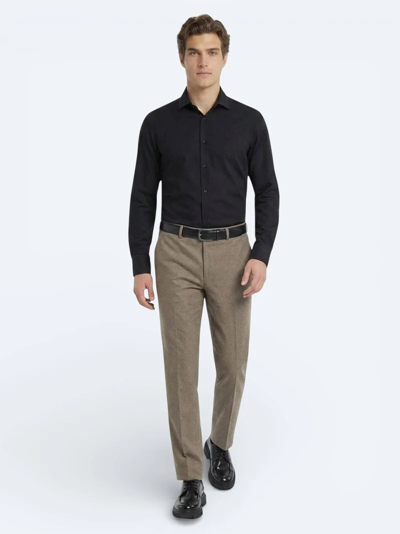 Kip Black Plain Regular Fit Long Weaving Classical Cotton Blended Shirt