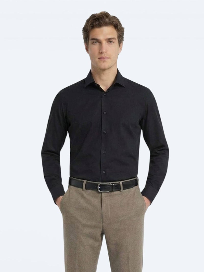 Kip Black Plain Regular Fit Long Weaving Classical Cotton Blended Shirt - Image 4