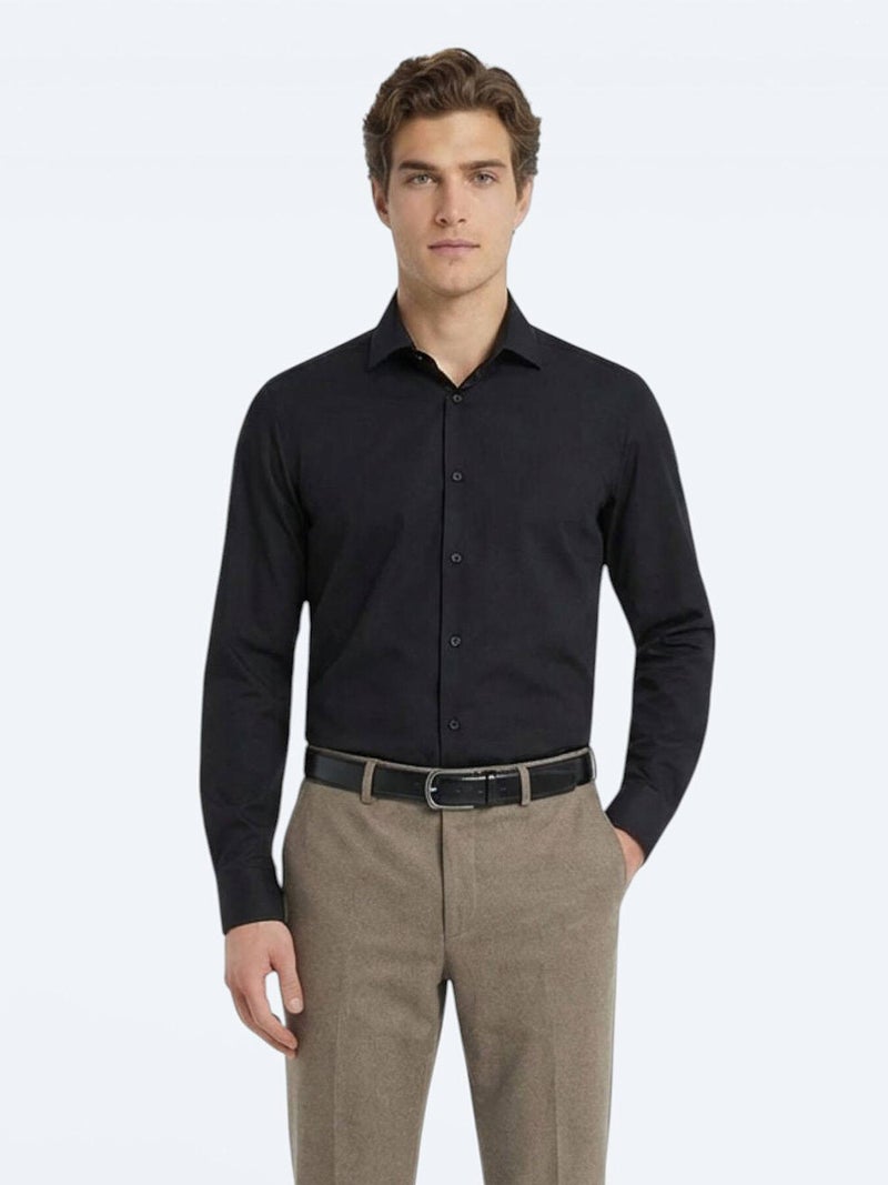 Kip Black Plain Regular Fit Long Weaving Classical Cotton Blended Shirt - Image 1
