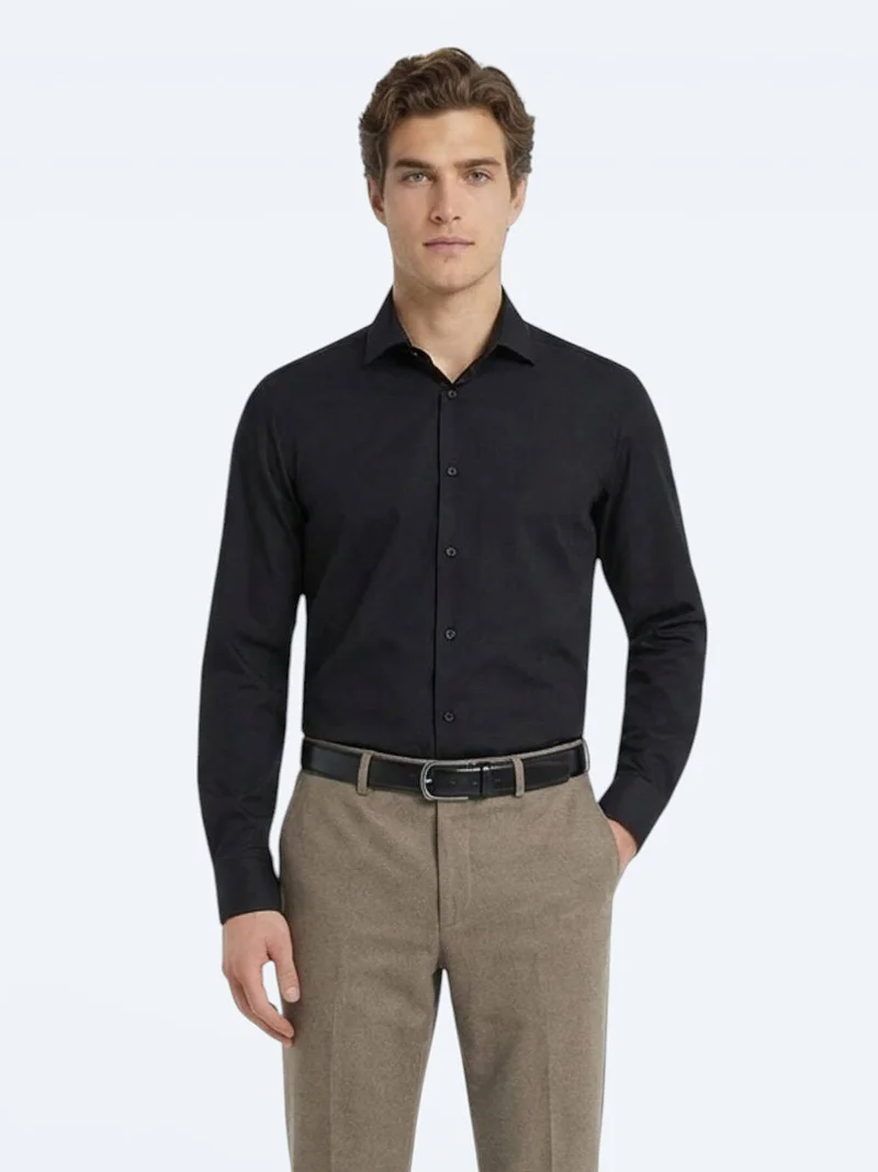 Kip Black Plain Regular Fit Long Weaving Classical Cotton Blended Shirt