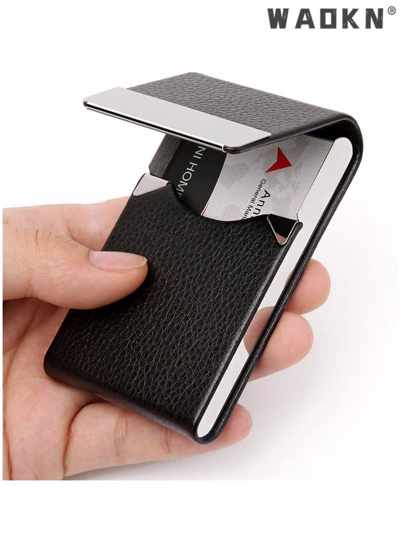 WAOKN Business Card Holder Case Black Fashion Professional PU Leather Business Card Carrier Luxury Metal Name Card Holder with Magnetic Shut Wallet Credit Card ID Case for Men Women Best Gift Black  - Image 1
