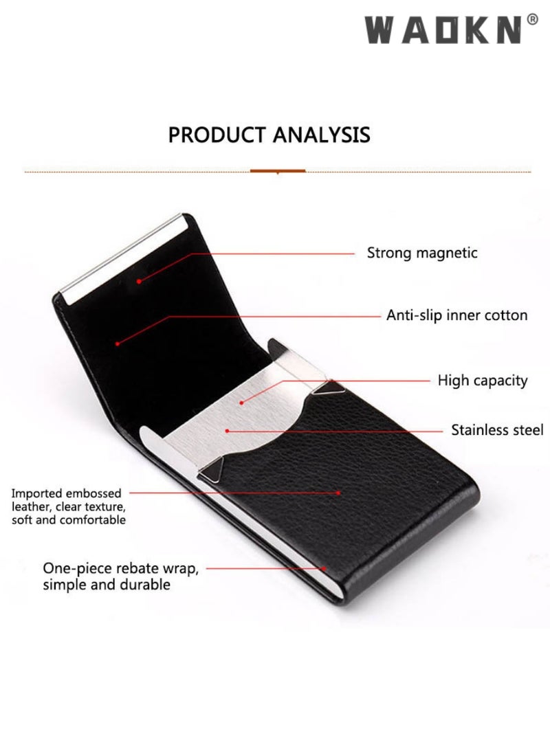 WAOKN Business Card Holder Case Black Fashion Professional PU Leather Business Card Carrier Luxury Metal Name Card Holder with Magnetic Shut Wallet Credit Card ID Case for Men Women Best Gift Black  - Image 4