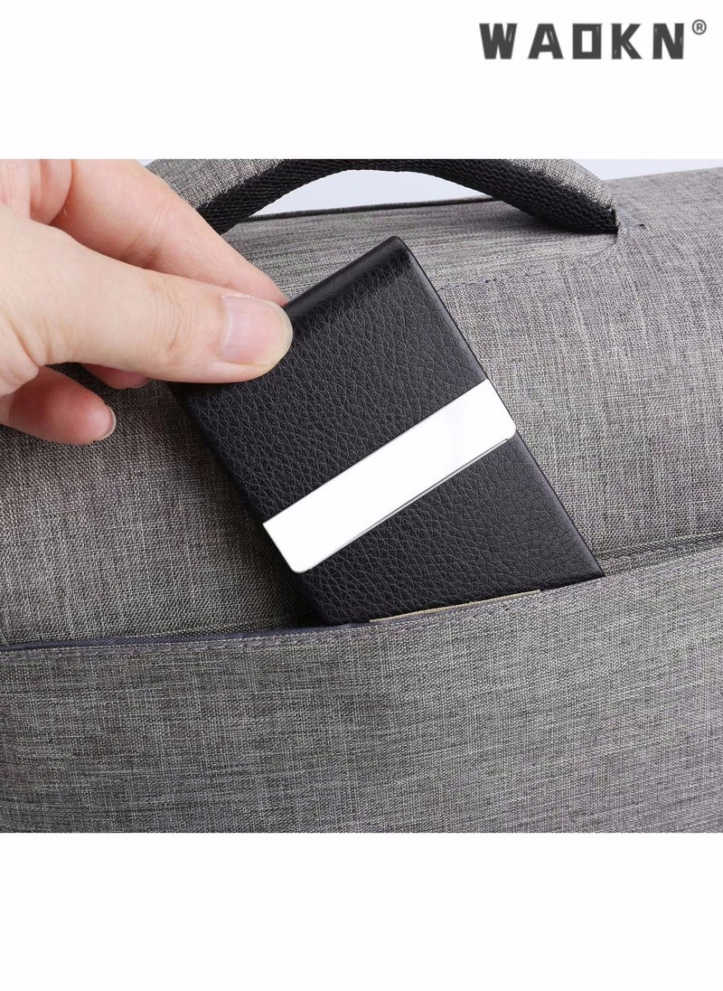WAOKN Business Card Holder Case Black Fashion Professional PU Leather Business Card Carrier Luxury Metal Name Card Holder with Magnetic Shut Wallet Credit Card ID Case for Men Women Best Gift Black  - Image 2