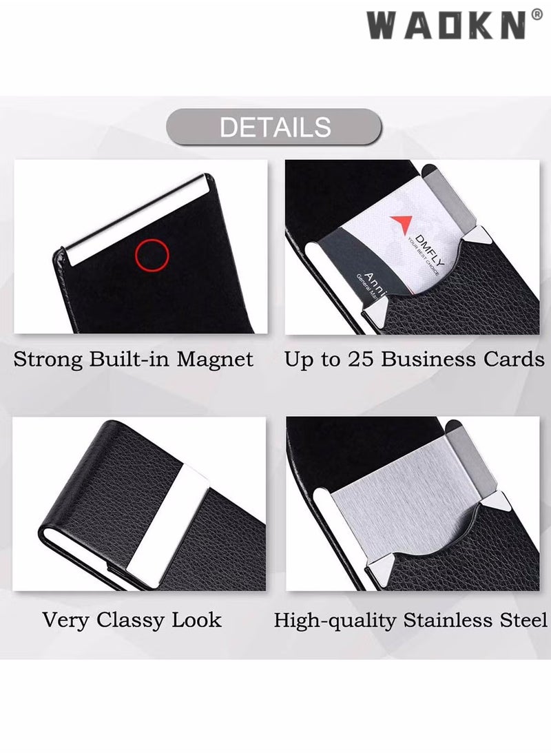 WAOKN Business Card Holder Case Black Fashion Professional PU Leather Business Card Carrier Luxury Metal Name Card Holder with Magnetic Shut Wallet Credit Card ID Case for Men Women Best Gift Black  - Image 3