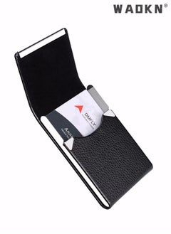 WAOKN Business Card Holder Case Black Fashion Professional PU Leather Business Card Carrier Luxury Metal Name Card Holder with Magnetic Shut Wallet Credit Card ID Case for Men Women Best Gift Black  - Image 5