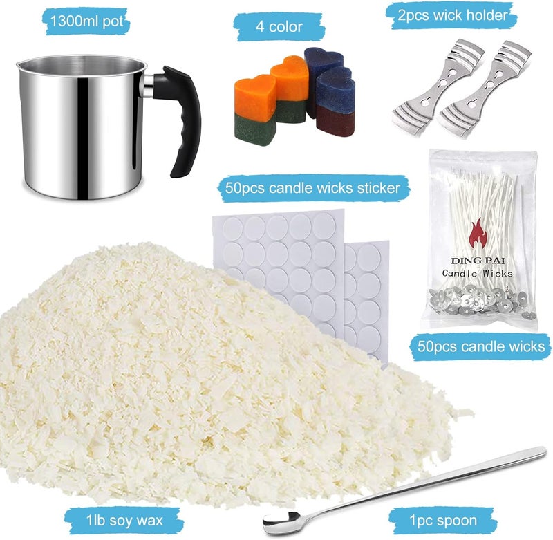 DINGPAI Candle Making Supplies, Complete Soy Candle Making Set Including Candle Make Pouring Pot, Candle Wicks, Wicks Sticker, 3-Hole Candle Wicks Holder, Natural Soy Wax and Spoon - Image 2