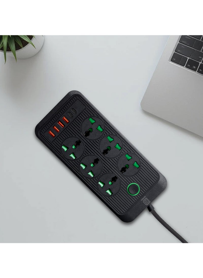 دانين سلك تمديد عالمي متعدد المقابس من مزود بـ 4 منافذ USB | 6 منافذ | منفذين من النوع C، قابس بريطاني بقوة 10 أمبير، واقي من التيار الزائد، كابل تمديد طاقة بطول 3 أمتار للمنزل والمطبخ والمكتب (أسود)  - Image 1