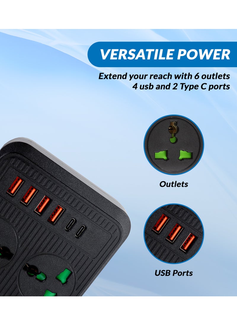 دانين سلك تمديد عالمي متعدد المقابس من مزود بـ 4 منافذ USB | 6 منافذ | منفذين من النوع C، قابس بريطاني بقوة 10 أمبير، واقي من التيار الزائد، كابل تمديد طاقة بطول 3 أمتار للمنزل والمطبخ والمكتب (أسود)  - Image 4