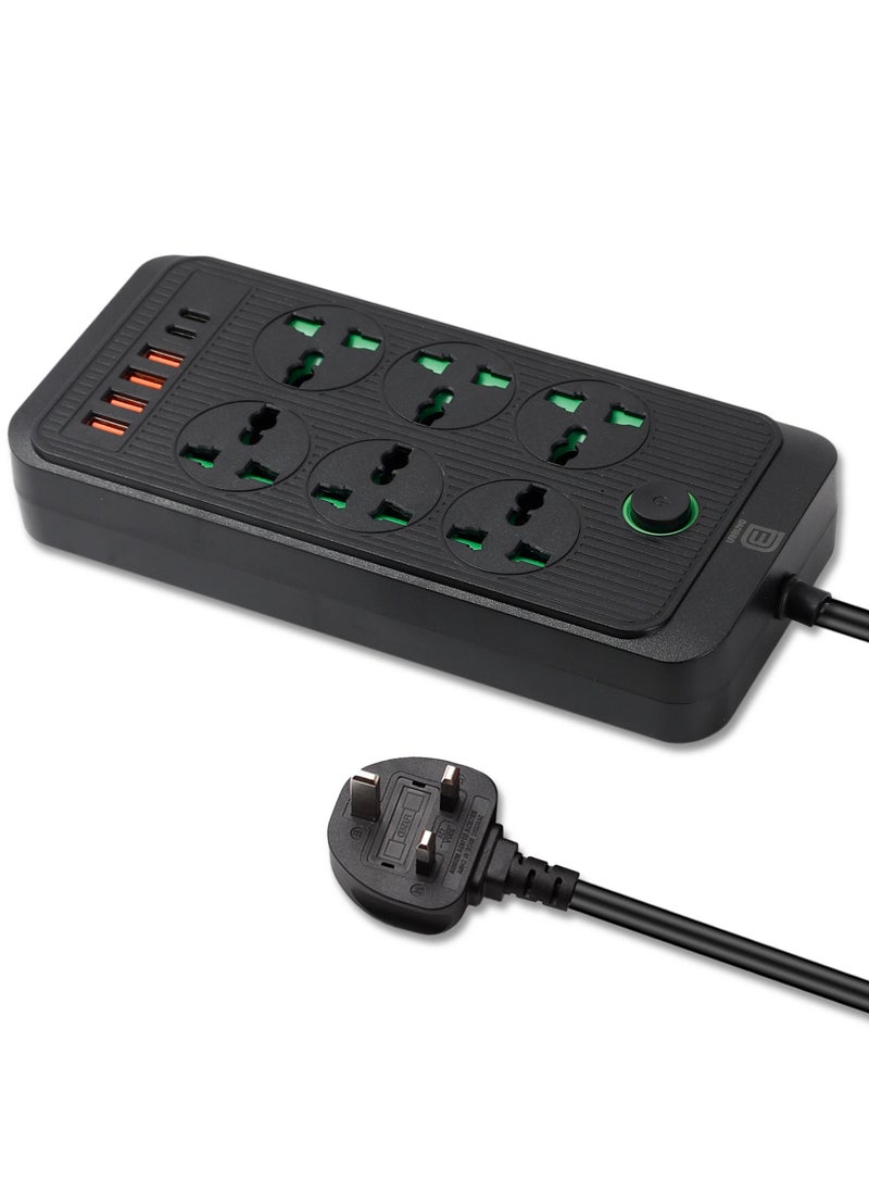 DANEEN 12 in 1 Multi plug Universal Power Strip / extension cord with 4 USB ports | 6 Outlets | 2 Type-C ports, 10A UK Plug, Surge Protector, 3M Power extension cable for Home, Kitchen and Office (Black)  - Image 2