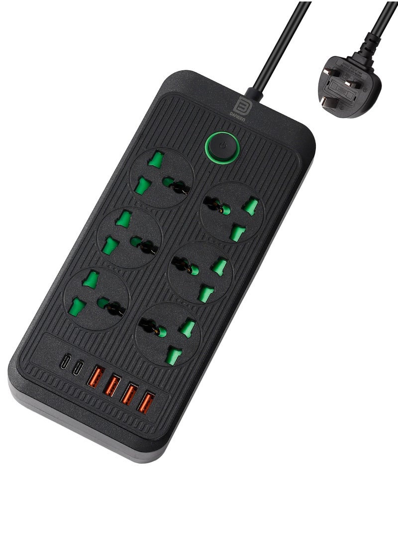 DANEEN 12 in 1 Multi plug Universal Power Strip / extension cord with 4 USB ports | 6 Outlets | 2 Type-C ports, 10A UK Plug, Surge Protector, 3M Power extension cable for Home, Kitchen and Office (Black)  - Image 1
