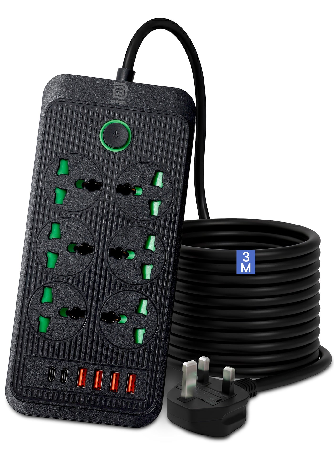 12in1 Power Strip with 6AC Outlets 4USB‑A + 2USB‑C Ports, Surge Protector, 3m Heavy-Duty Extension Cord, Overload Protection, Wall-Mountable Multi-Plug for Home, Office and Electronics (Black)