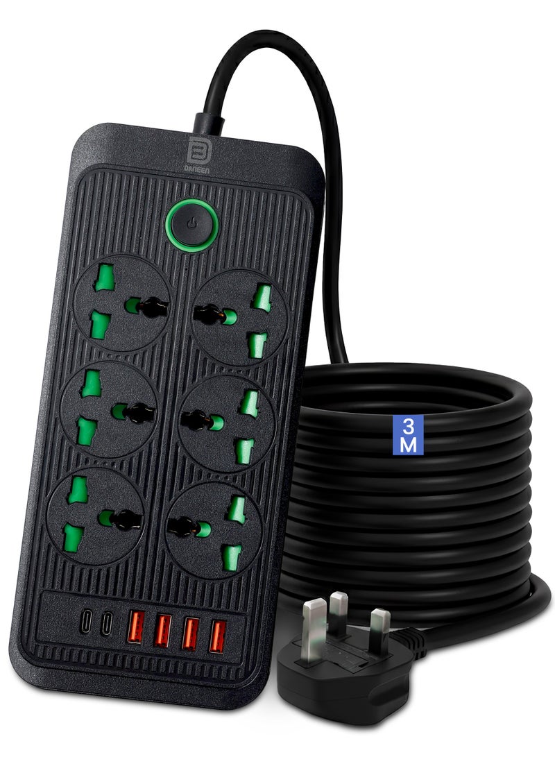 DANEEN 12in1 Power Strip with 6AC Outlets 4USB‑A + 2USB‑C Ports, Surge Protector, 3m Heavy-Duty Extension Cord, Overload Protection, Wall-Mountable Multi-Plug for Home, Office and Electronics (Black) - Image 1