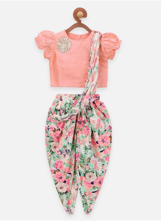 LILPICKS - Peach Choli with Multicolour Dhoti Saree Set - Image 1