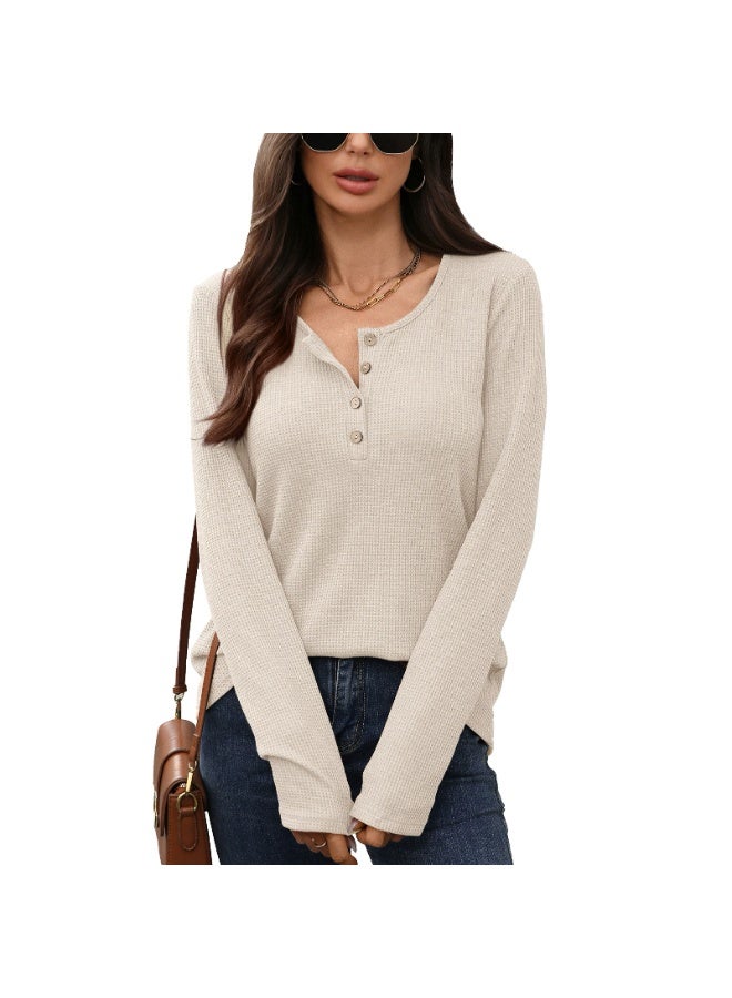 general 2025-2026 Solid-color Round-neck Button-up Loose-Sleeved T-shirt for Women - Image 1