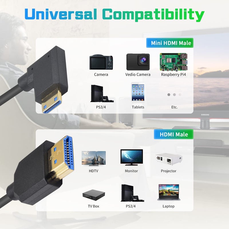 دوتك كابل 8K 48Gbps فائق النحافة بزاوية قائمة من Mini HDMI ذكر إلى HDMI ذكر للبروجيكتور والشاشة وكاميرا الفيديو بطول 4 أقدام / 1.2 متر - Image 4