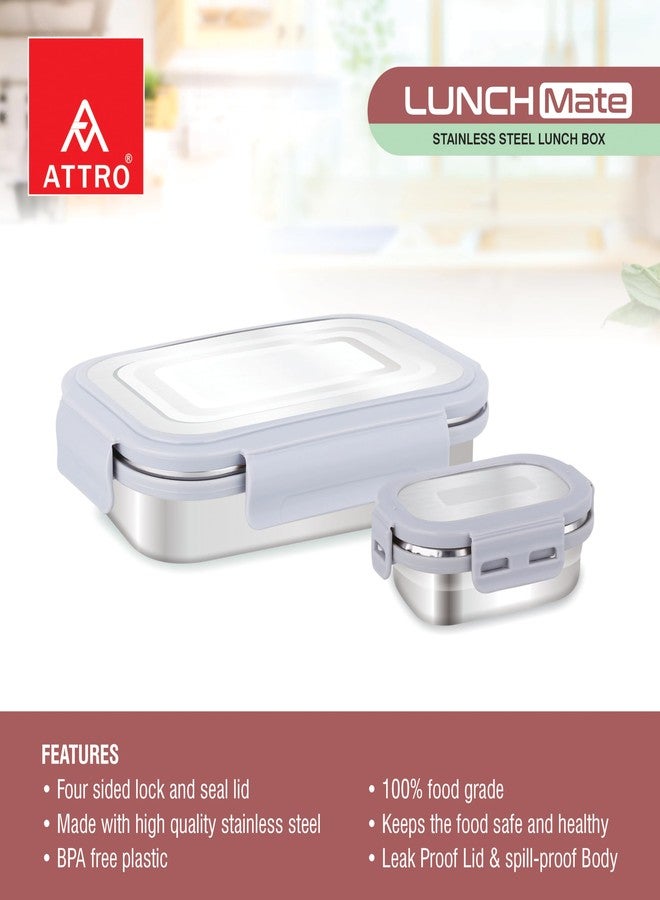 ATTRO علبة غداء ATTRO Lunchmate من الفولاذ المقاوم للصدأ مع حاوية صغيرة واحدة، محكمة الإغلاق، مانعة للتسرب، خالية من مادة BPA، آمنة للاستخدام مع الطعام، مثالية للمكتب والمدرسة والنزهات، سعة 800 مل + 180 مل - رمادي - Image 2