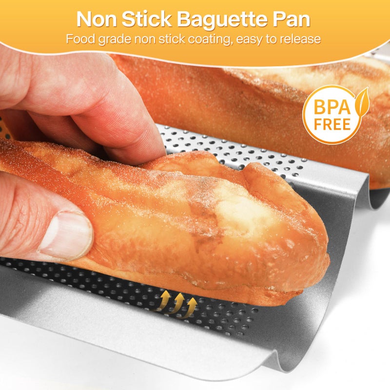 Barlket Baguette Bread Pan Set of 2, Silver Baguette Tray Perforated, Nonstick French Bread Baking Pan 3 Loaves, Oven Baking Gifts for Home Baker - Image 3