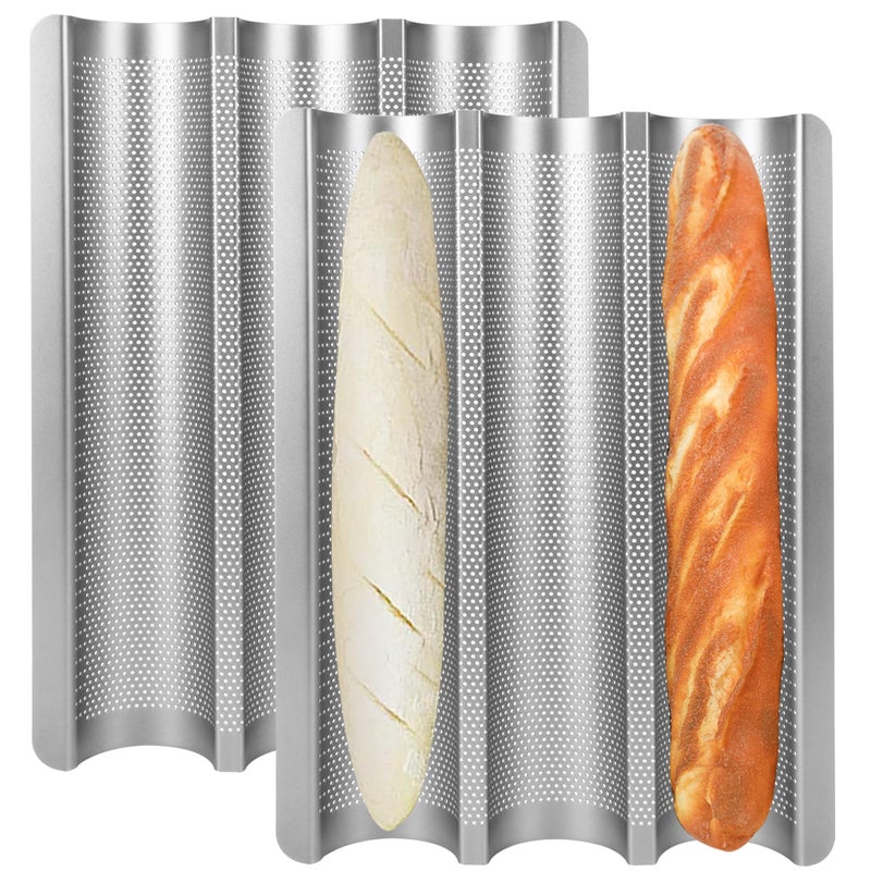 Barlket Baguette Bread Pan Set of 2, Silver Baguette Tray Perforated, Nonstick French Bread Baking Pan 3 Loaves, Oven Baking Gifts for Home Baker - Image 1
