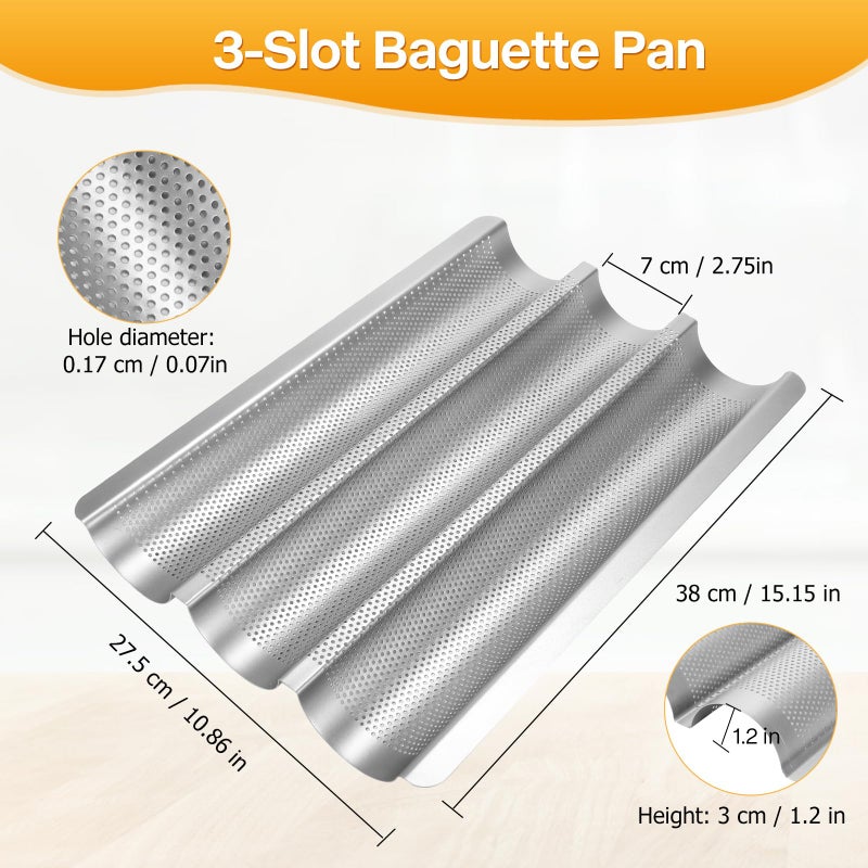 Barlket Baguette Bread Pan Set of 2, Silver Baguette Tray Perforated, Nonstick French Bread Baking Pan 3 Loaves, Oven Baking Gifts for Home Baker - Image 4