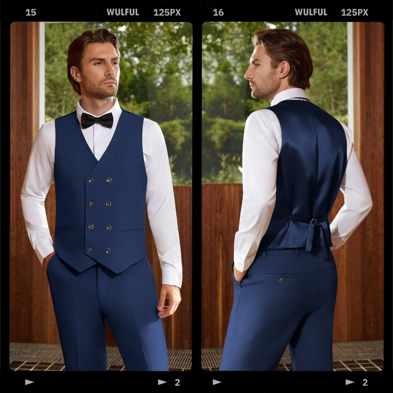 WULFUL Men's 3 Piece Suits Slim Fit Tuxedo Suit Set Double Breasted Suit Jacket Vest Pants Set for Wedding Prom Navy - Image 4