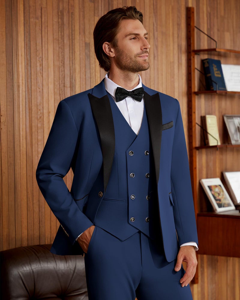 WULFUL Men's 3 Piece Suits Slim Fit Tuxedo Suit Set Double Breasted Suit Jacket Vest Pants Set for Wedding Prom Navy - Image 2