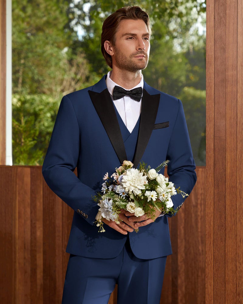 WULFUL Men's 3 Piece Suits Slim Fit Tuxedo Suit Set Double Breasted Suit Jacket Vest Pants Set for Wedding Prom Navy - Image 3