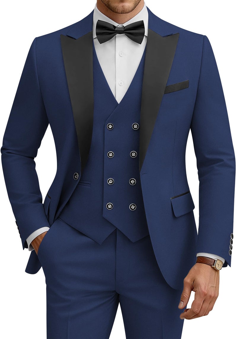 WULFUL Men's 3 Piece Suits Slim Fit Tuxedo Suit Set Double Breasted Suit Jacket Vest Pants Set for Wedding Prom Navy - Image 1