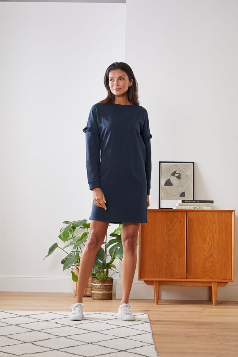 Tchibo Women Round Neck Plain Long Sleeve Sweatshirt Dress, Navy - Image 1