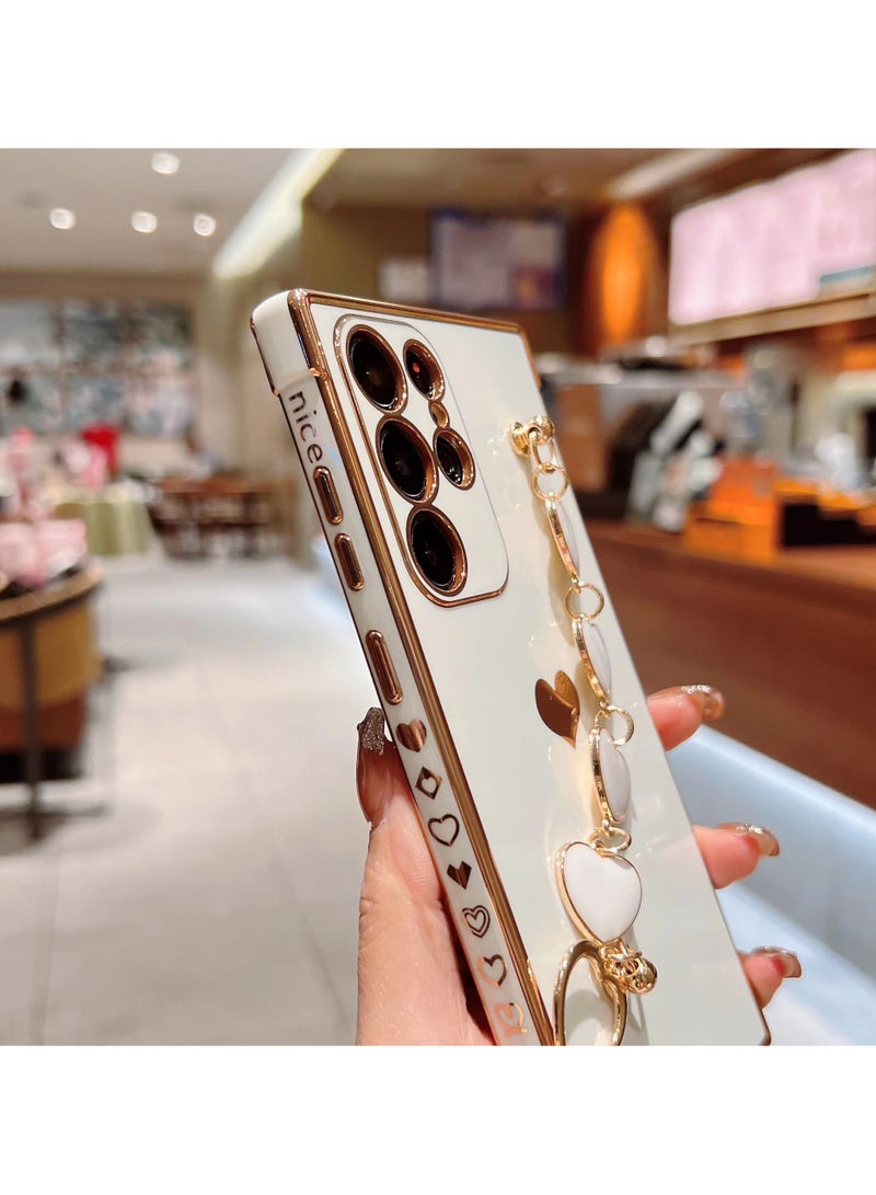 For Samsung Galaxy S25 Ultra 5G Case - Luxury Heart Bracelet - Cute Love Hearts Cover - Camera Protection - Shockproof Bumper - White - Image 2