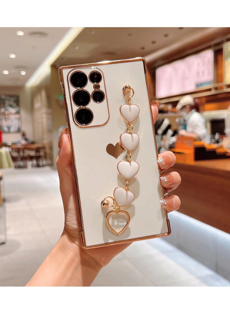 For Samsung Galaxy S25 Ultra 5G Case - Luxury Heart Bracelet - Cute Love Hearts Cover - Camera Protection - Shockproof Bumper - White - Image 4