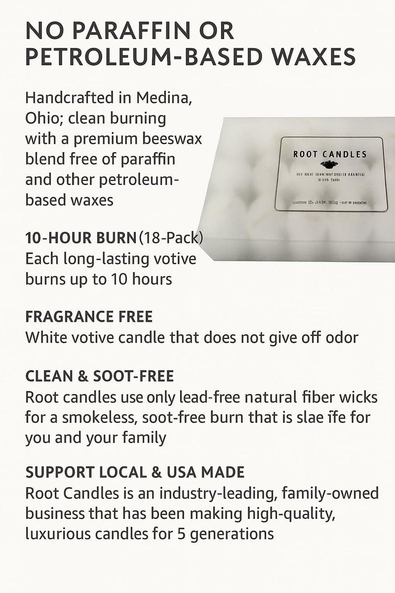 Root Candles Fragrance Free Votive Candles Premium 10-Hour Votives Handcrafted Beeswax Blend Candle, 18-Count, Unscented - Image 2