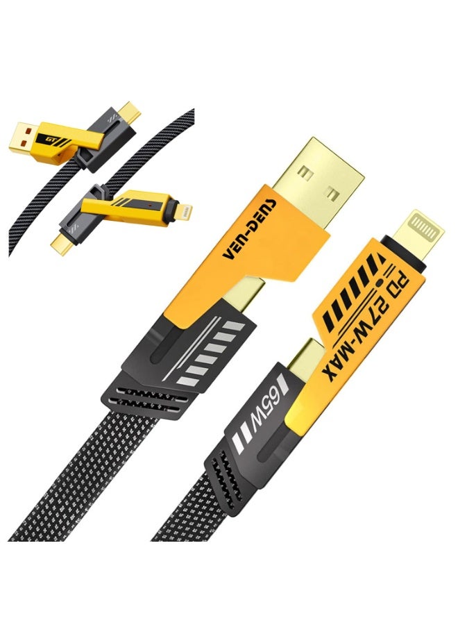فين ديونز كابل بيانات شحن سريع 4 في 1 - موصلات USB Type-C وMicro USB وLightning متعددة الأجهزة، تصميم مضفر متين - Image 1